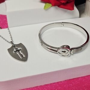 Silver Forever Love Lock & Key Jewelry Set Heart Cuff Bracelet Shield Necklace